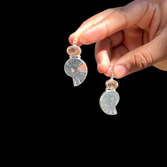 Ammonite Fossil Shell and Morganite Gemstone 925 Sterling Silver Earrings - Picture 5 of 9